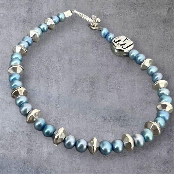 Blue faux pearls & silver beads bracelet silver plated toggle - Picture 3 of 4